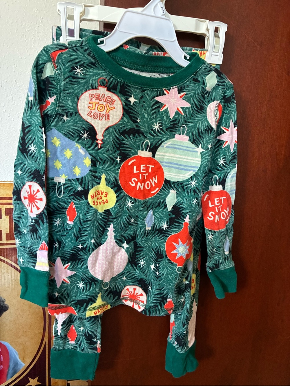 Old Navy Green Holiday Ornament Print Pajama Set with Red and Pink Accents